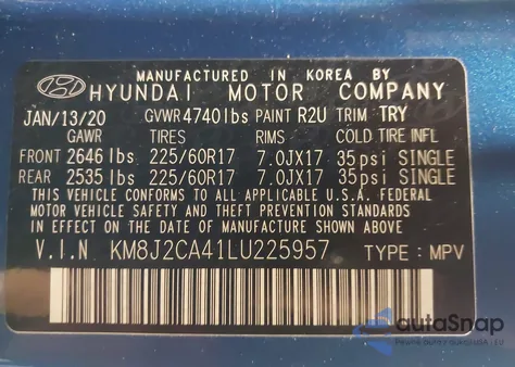 2020 Hyundai Tucson Se из США, поврежденный, VIN KM8J2CA41LU225957